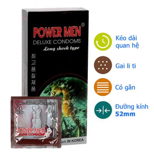 Bao cao su Powermen cá ngựa – Kéo dài thời gian có gân gai (Hộp 12 chiếc)